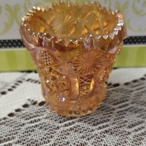 vintage marigold carnival glass toothpick holder